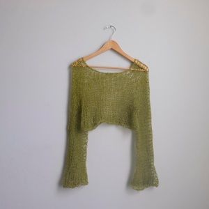 Handmade custom green mohair cropped knit mesh sweater
